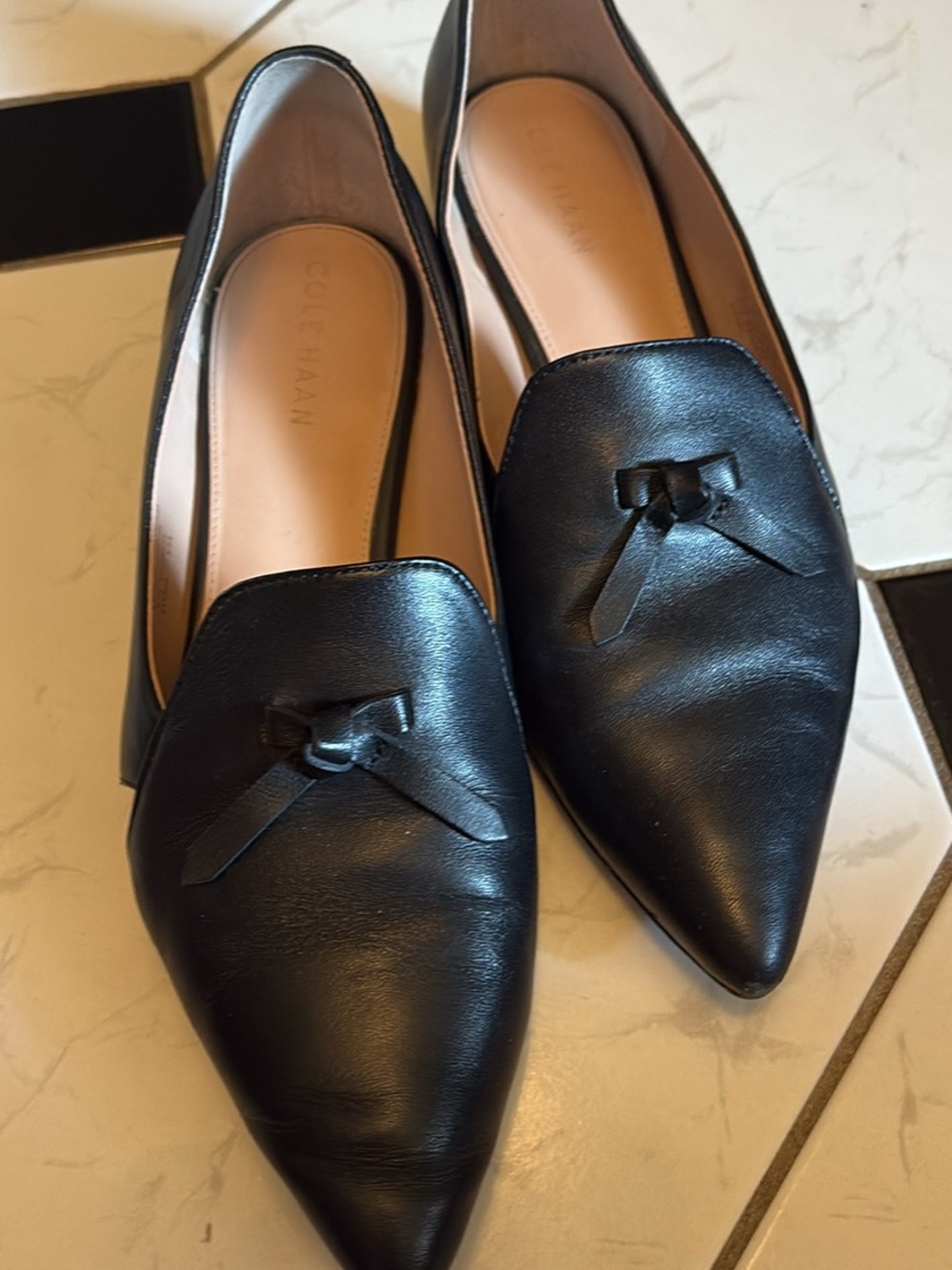 Cole Haan Black Pointed Leather Slip-On Loafers with Knot Accent